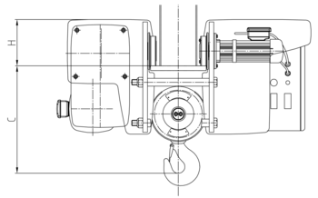 Technische Übersicht der ABUS Elektro-Seilzüge GM mit Modellen, Tragfähigkeiten und Abmessungen.